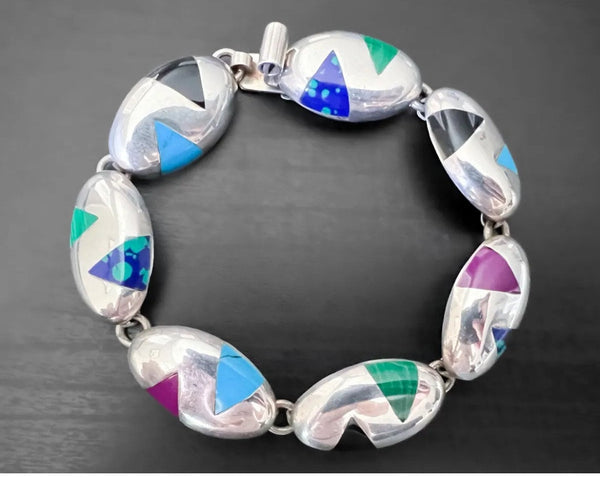 Heavy Vintage Sterling Silver and Colorful Inlay Bracelet from Mexico 32g