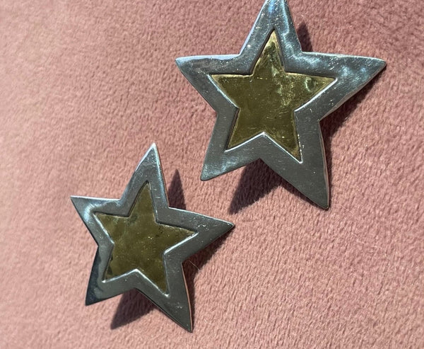 Big Beautiful Vintage Sterling and Brass Star Stud Earrings by Jeep Collins