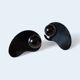 Mid Century Modern Onyx Black Glass and 14k Yellow Gold Amoeba earrings