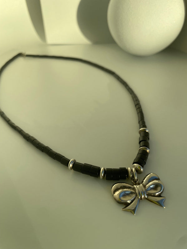 Vintage Bow and Beads Sterling Silver Necklace.