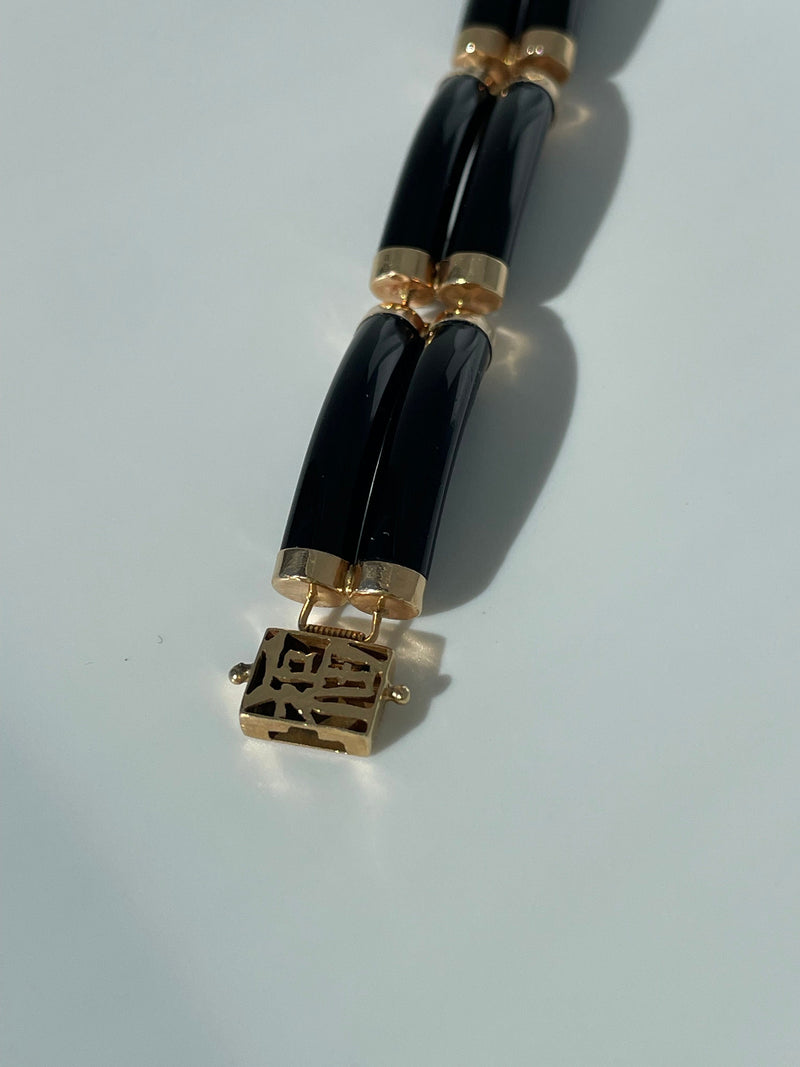 Estate Double Black Onyx and 14k Gold Fortune Bracelet