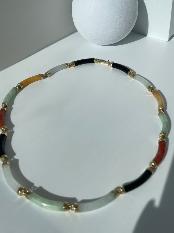 Estate Multicolor Jade Tube Link and 14k Gold Neclace