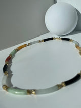 Estate Multicolor Jade Tube Link and 14k Gold Neclace