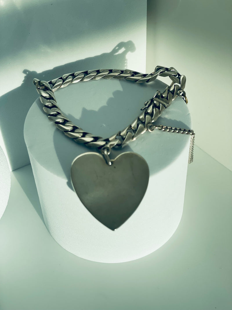 Vintage Sterling Silver Heart and Curb Link ID Bracelet